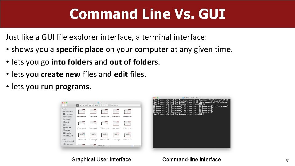 Command Line Vs. GUI Just like a GUI file explorer interface, a terminal interface: