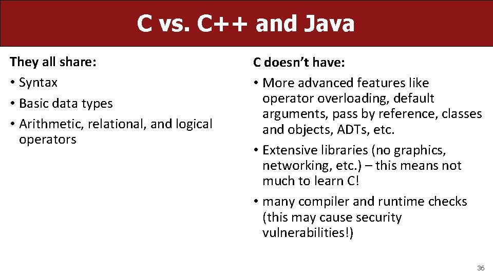 C vs. C++ and Java They all share: • Syntax • Basic data types