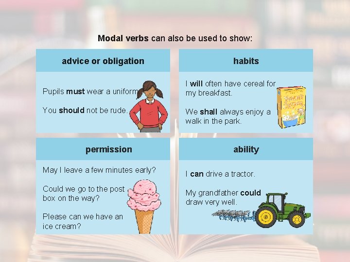 Modal verbs can also be used to show: advice or obligation Pupils must wear