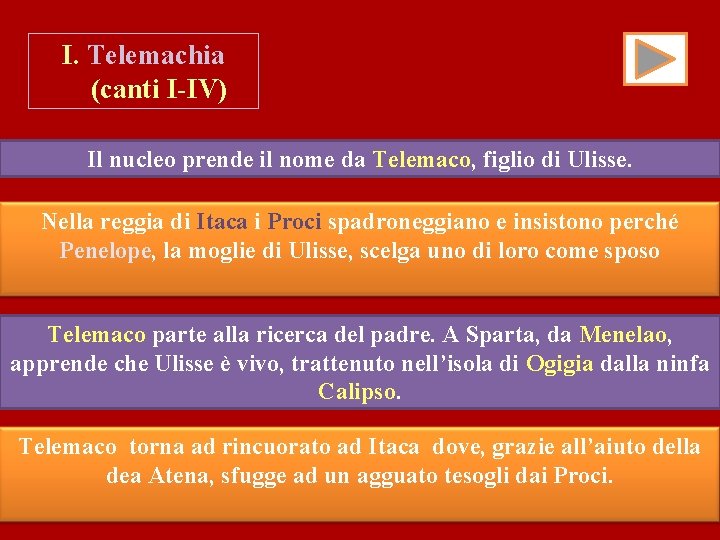 I. Telemachia (canti I-IV) Il nucleo prende il nome da Telemaco, figlio di Ulisse.