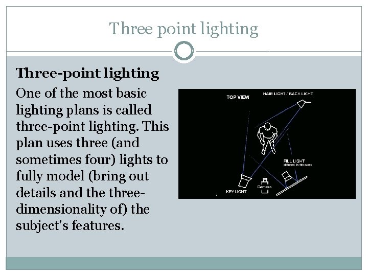 Three point lighting Three-point lighting One of the most basic lighting plans is called