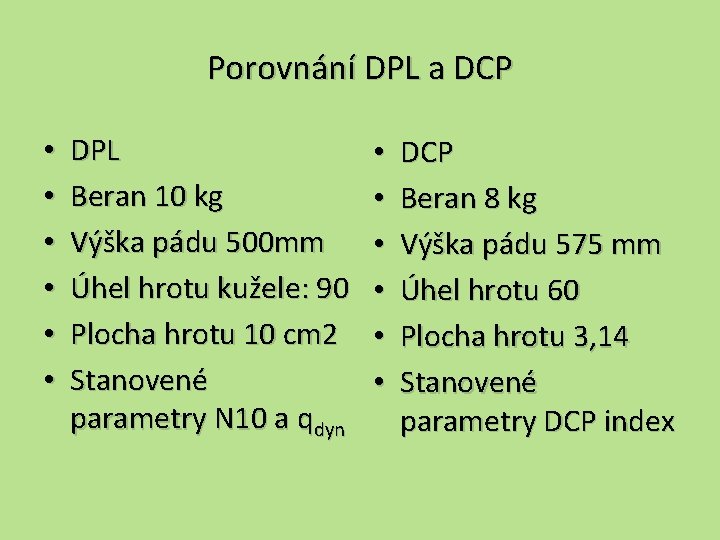 Porovnání DPL a DCP • • • DPL Beran 10 kg Výška pádu 500