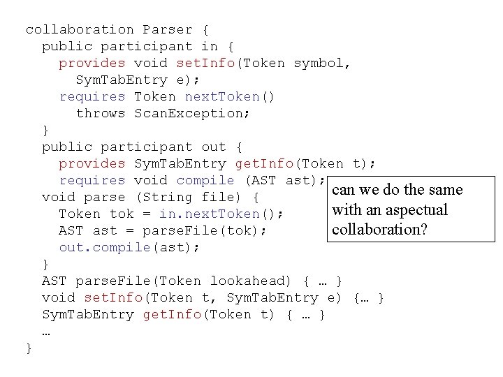 collaboration Parser { public participant in { provides void set. Info(Token symbol, Sym. Tab.