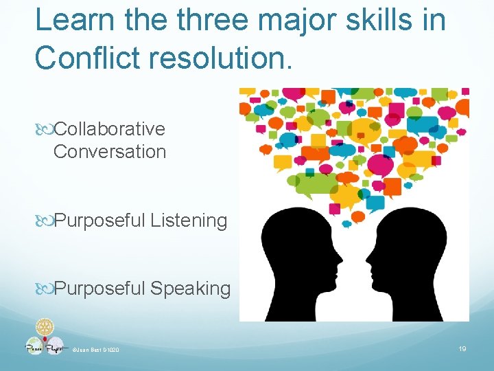 Learn the three major skills in Conflict resolution. Collaborative Conversation Purposeful Listening Purposeful Speaking