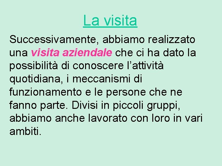 La visita Successivamente, abbiamo realizzato una visita aziendale che ci ha dato la possibilità