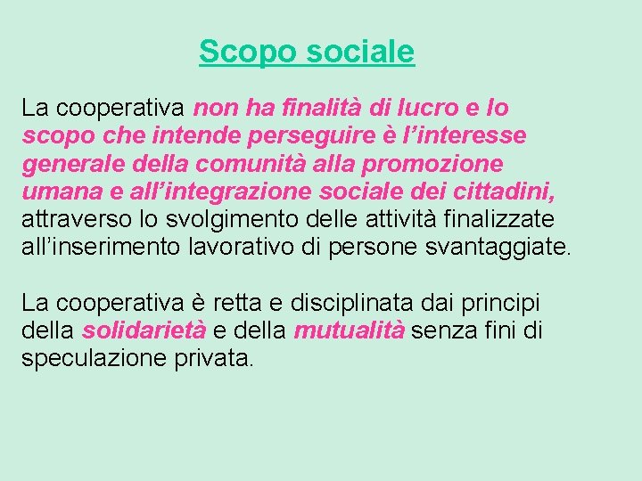 Scopo sociale La cooperativa non ha finalità di lucro e lo scopo che intende