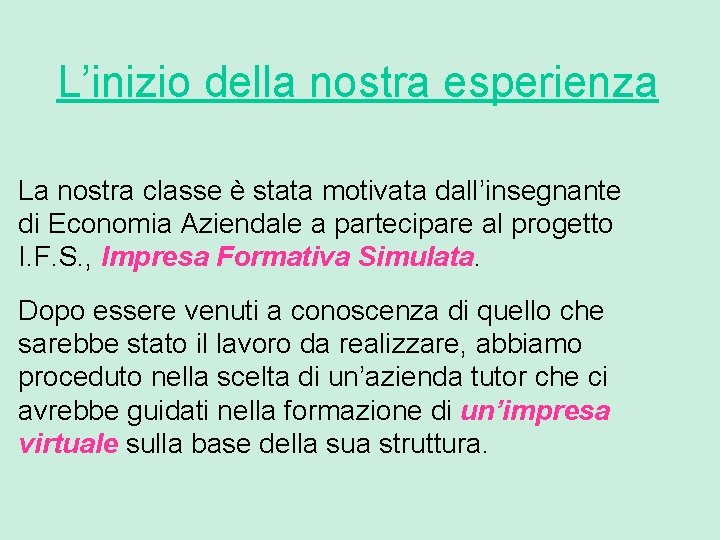 L’inizio della nostra esperienza La nostra classe è stata motivata dall’insegnante di Economia Aziendale