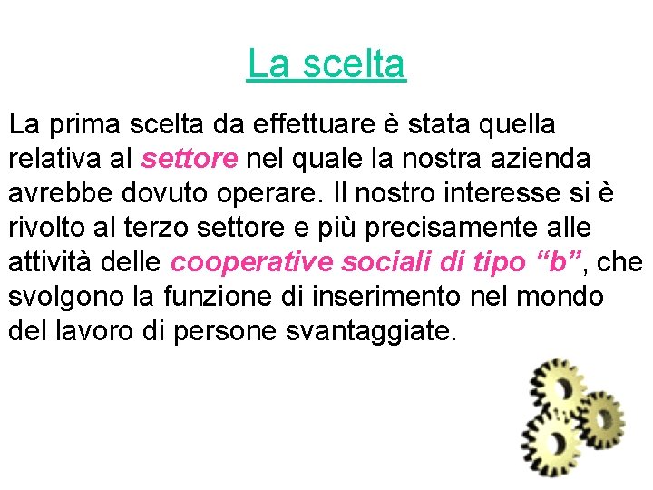 La scelta La prima scelta da effettuare è stata quella relativa al settore nel