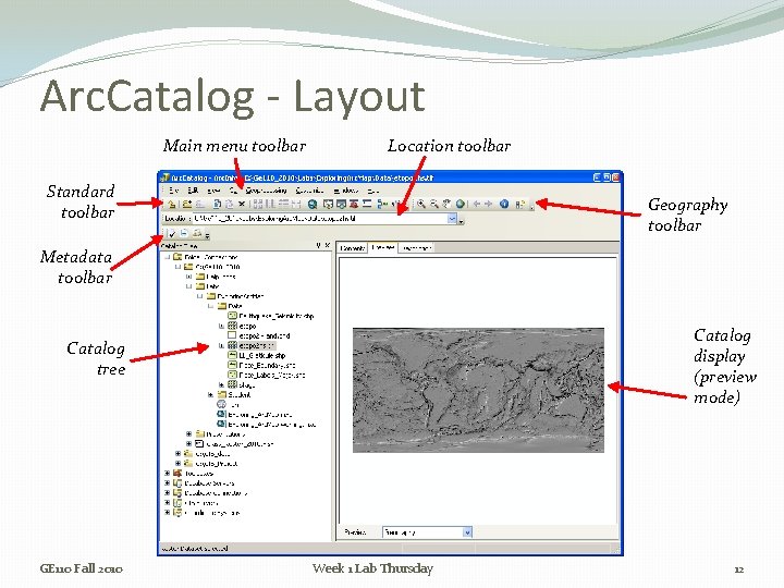 Arc. Catalog - Layout Main menu toolbar Location toolbar Standard toolbar Geography toolbar Metadata