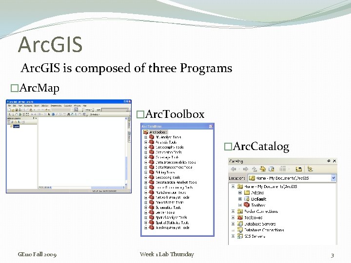 Arc. GIS is composed of three Programs �Arc. Map �Arc. Toolbox �Arc. Catalog GE