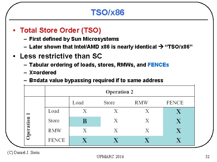 TSO/x 86 • Total Store Order (TSO) – First defined by Sun Microsystems –