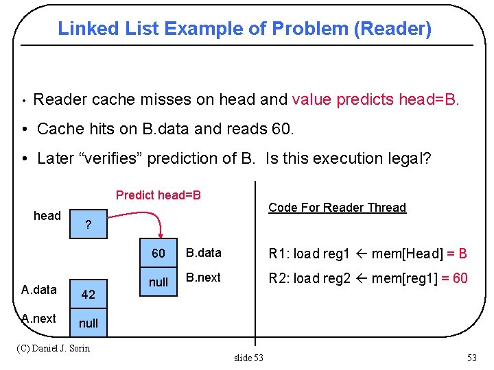 Linked List Example of Problem (Reader) • Reader cache misses on head and value