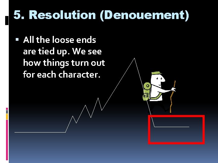 5. Resolution (Denouement) All the loose ends are tied up. We see how things