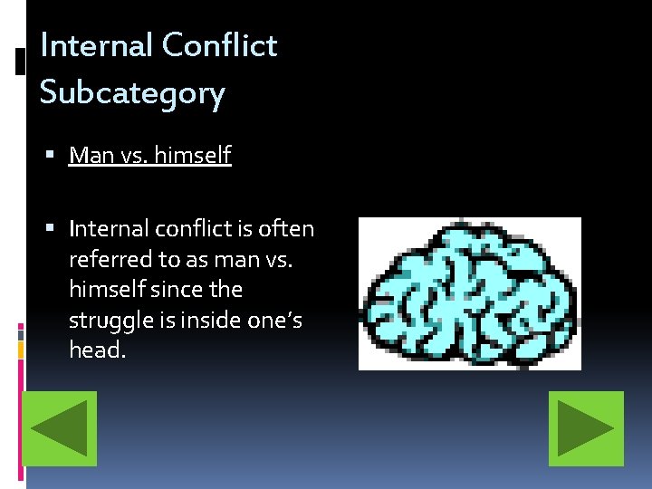 Internal Conflict Subcategory Man vs. himself Internal conflict is often referred to as man