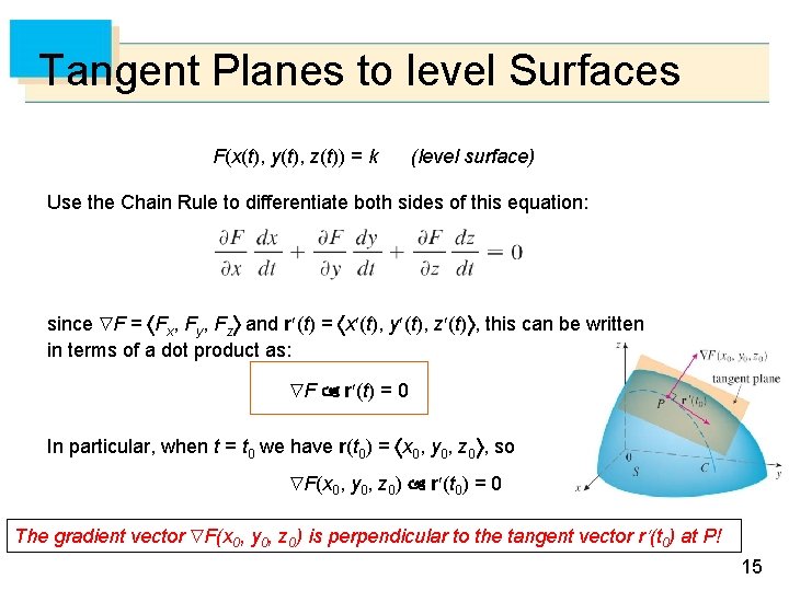 Tangent Planes to level Surfaces F(x(t), y(t), z(t)) = k (level surface) Use the