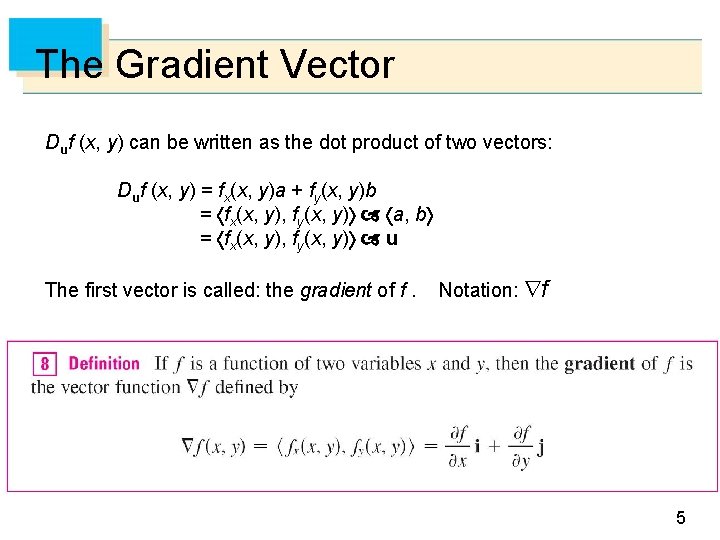 The Gradient Vector Duf (x, y) can be written as the dot product of