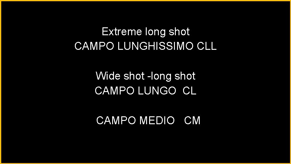 Extreme long shot CAMPO LUNGHISSIMO CLL Wide shot -long shot CAMPO LUNGO CL CAMPO