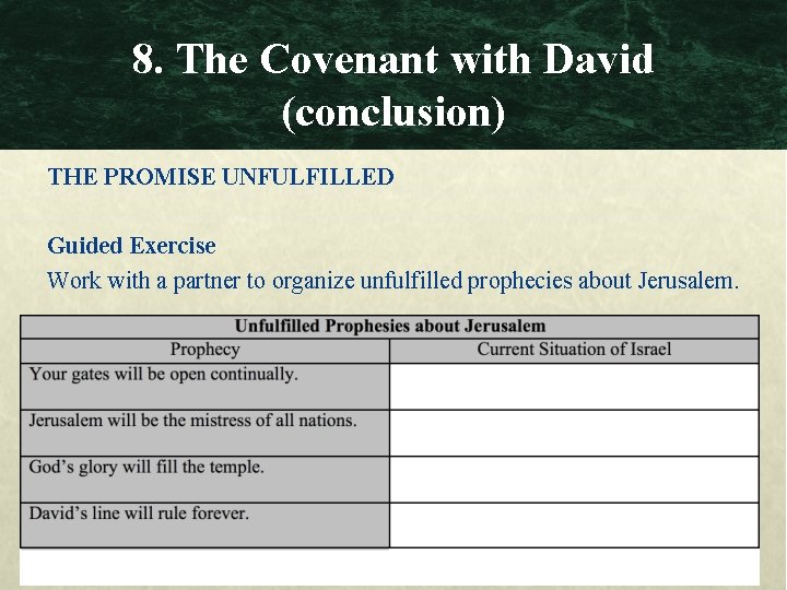 8. The Covenant with David (conclusion) THE PROMISE UNFULFILLED Guided Exercise Work with a