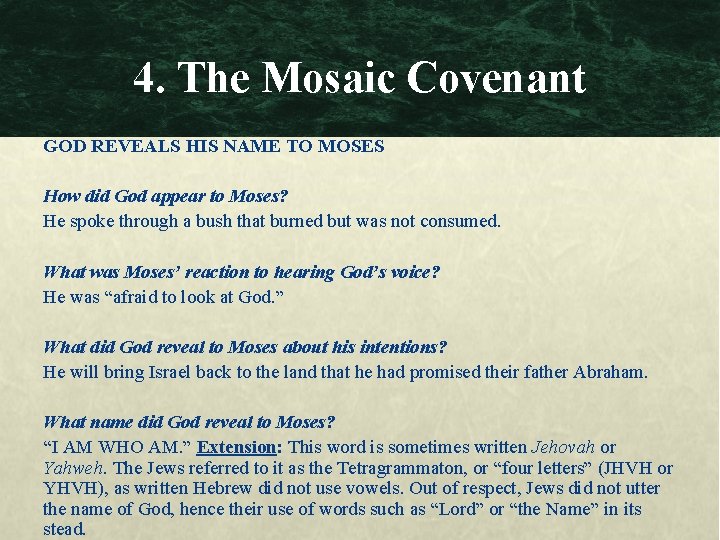 4. The Mosaic Covenant GOD REVEALS HIS NAME TO MOSES How did God appear