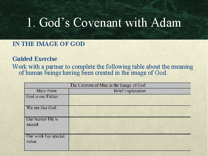 1. God’s Covenant with Adam IN THE IMAGE OF GOD Guided Exercise Work with