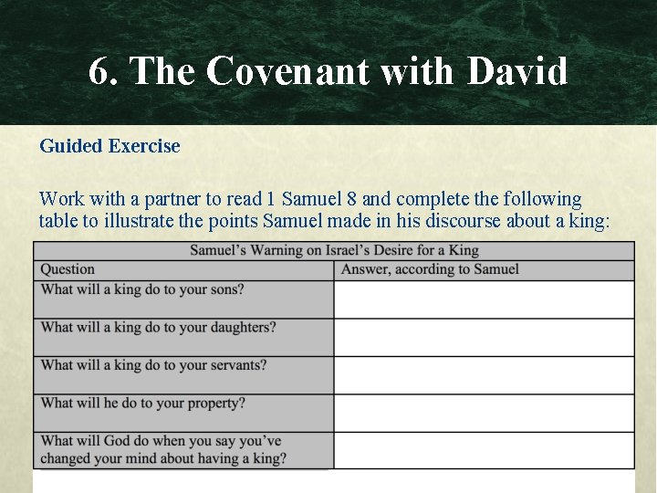 6. The Covenant with David Guided Exercise Work with a partner to read 1