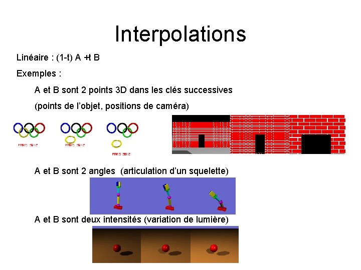 Interpolations Linéaire : (1 -t) A +t B Exemples : A et B sont
