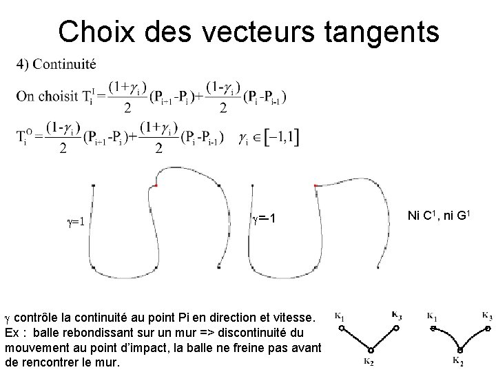 Choix des vecteurs tangents g=1 g=-1 g contrôle la continuité au point Pi en