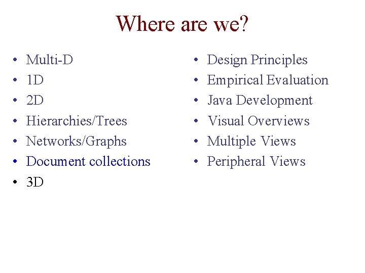 Where are we? • • Multi-D 1 D 2 D Hierarchies/Trees Networks/Graphs Document collections