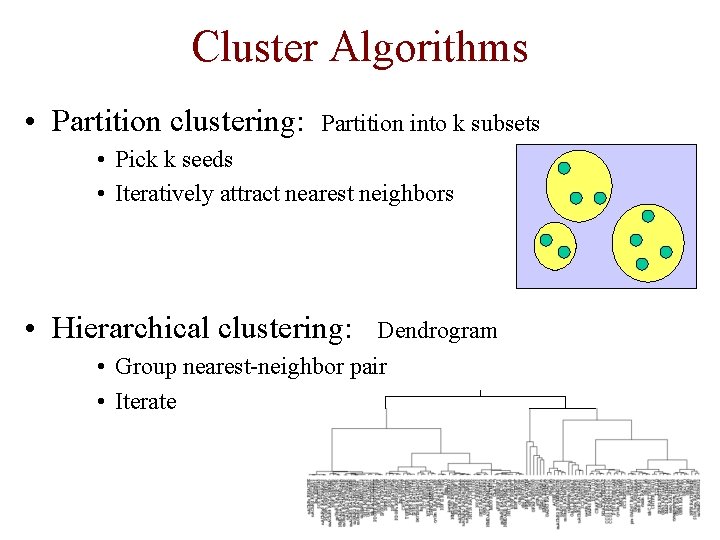 Cluster Algorithms • Partition clustering: Partition into k subsets • Pick k seeds •