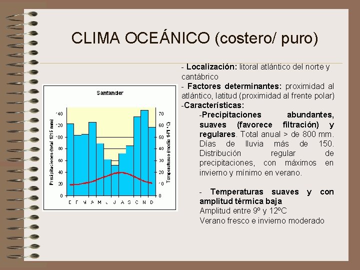 CLIMA OCEÁNICO (costero/ puro) - Localización: litoral atlántico del norte y cantábrico - Factores