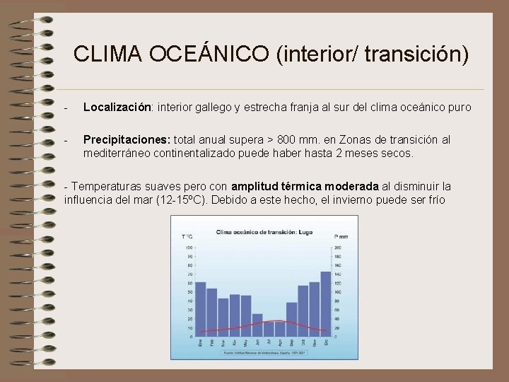 CLIMA OCEÁNICO (interior/ transición) - Localización: interior gallego y estrecha franja al sur del