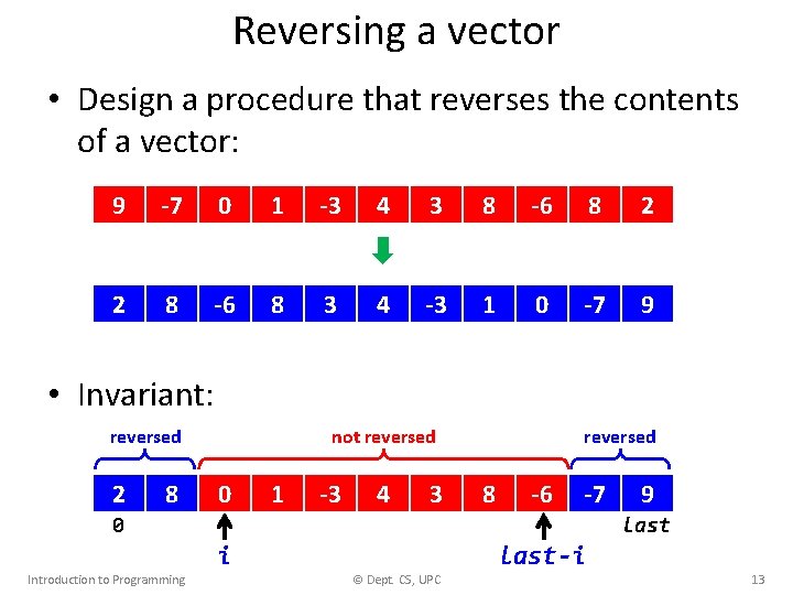 Reversing a vector • Design a procedure that reverses the contents of a vector: