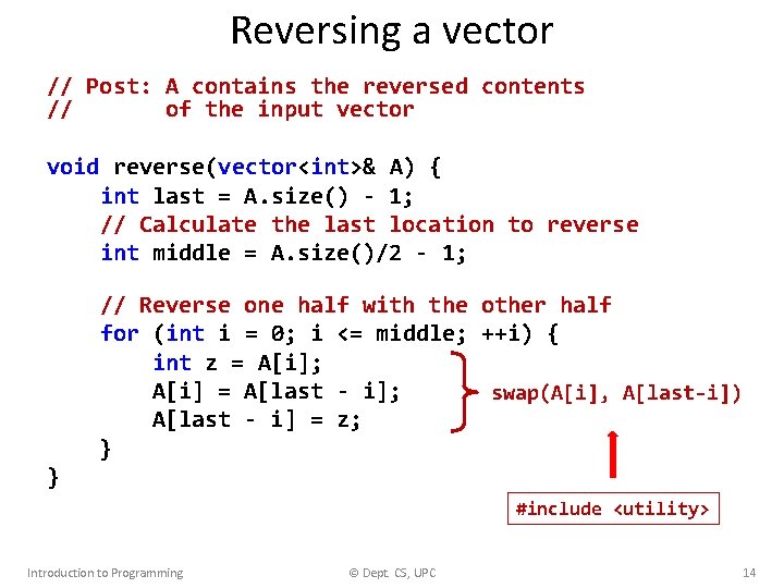 Reversing a vector // Post: A contains the reversed contents // of the input