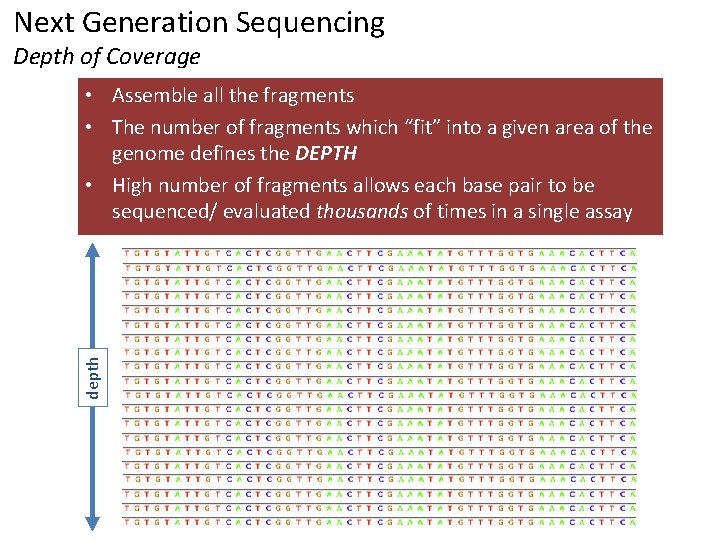 Next Generation Sequencing Depth of Coverage depth • Assemble all the fragments • The