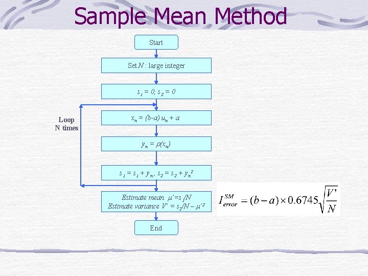 Sample Mean Method Start Set N : large integer s 1 = 0, s