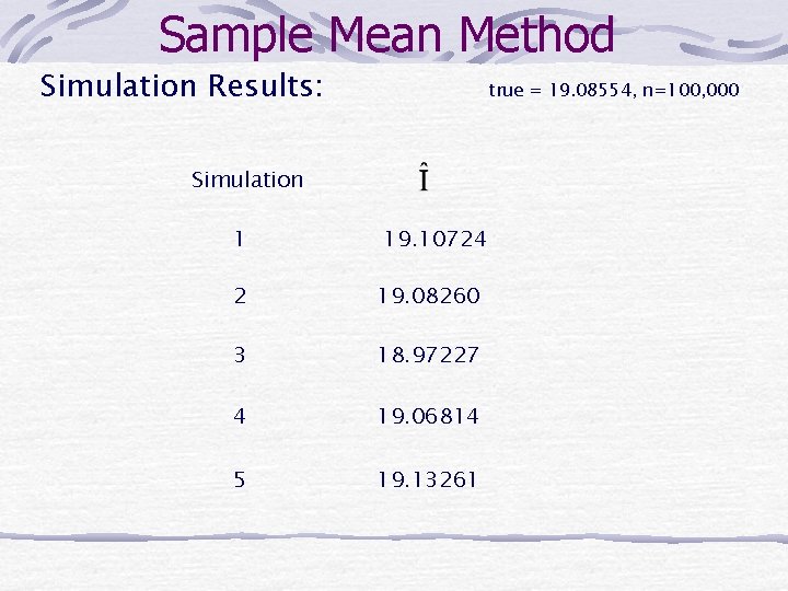 Sample Mean Method Simulation Results: true = 19. 08554, n=100, 000 Simulation 1 19.