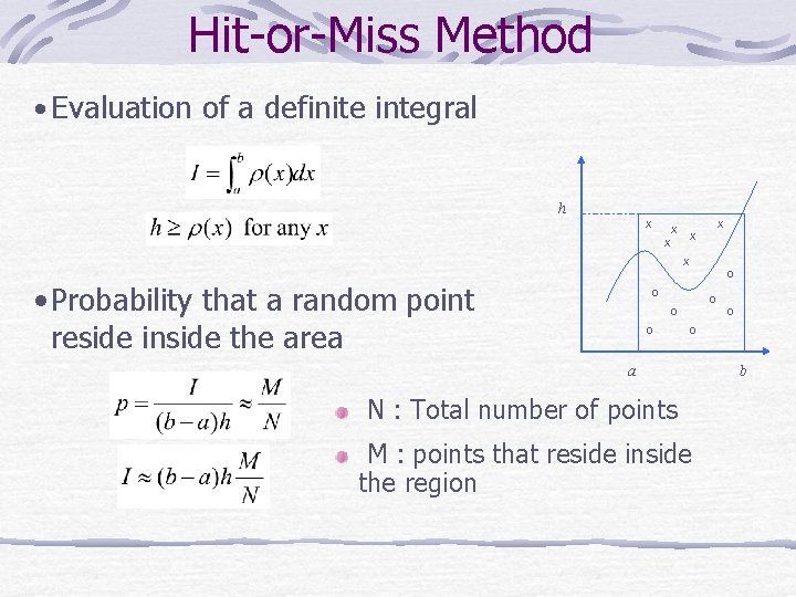 Hit-or-Miss Method • Evaluation of a definite integral h X X X O •