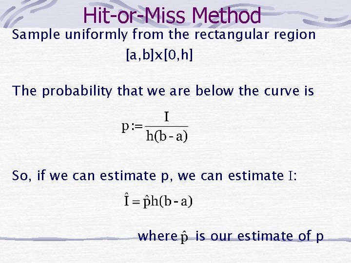 Hit-or-Miss Method Sample uniformly from the rectangular region [a, b]x[0, h] The probability that