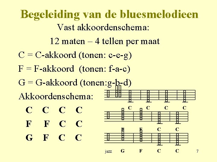 Begeleiding van de bluesmelodieen Vast akkoordenschema: 12 maten – 4 tellen per maat C