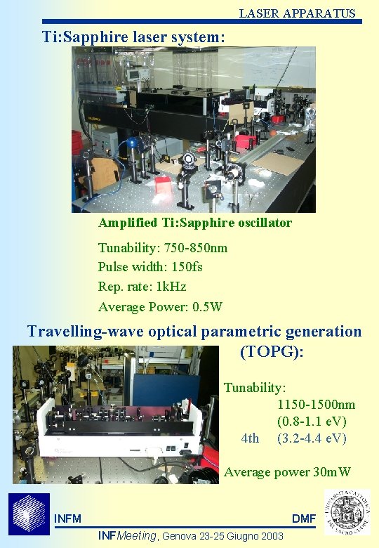 LASER APPARATUS Ti: Sapphire laser system: Amplified Ti: Sapphire oscillator Tunability: 750 -850 nm