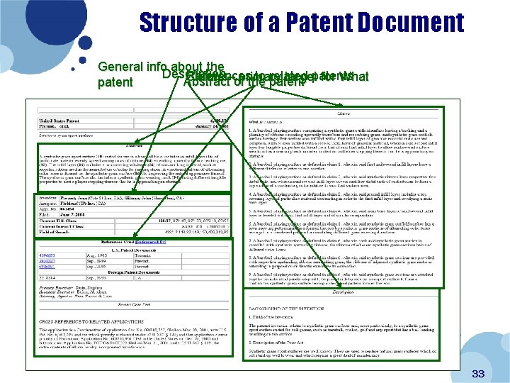 Structure of a Patent Document General info about the Description Reference sthe to related