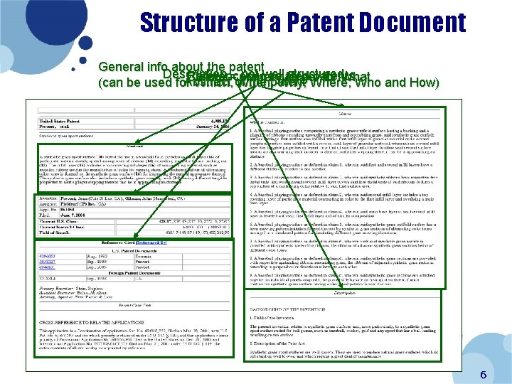 Structure of a Patent Document General info about the patent Description – primary not