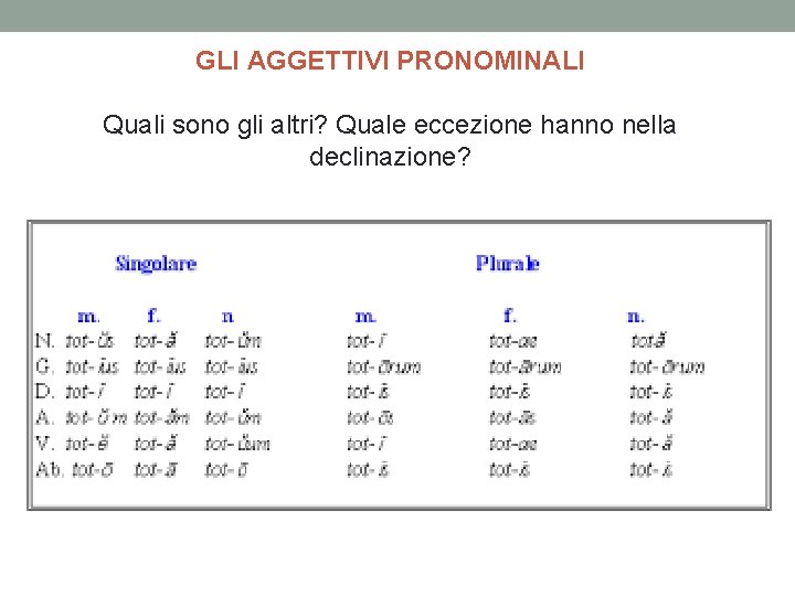 GLI AGGETTIVI PRONOMINALI Quali sono gli altri? Quale eccezione hanno nella declinazione? 