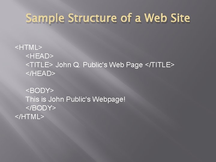 Sample Structure of a Web Site <HTML> <HEAD> <TITLE> John Q. Public's Web Page