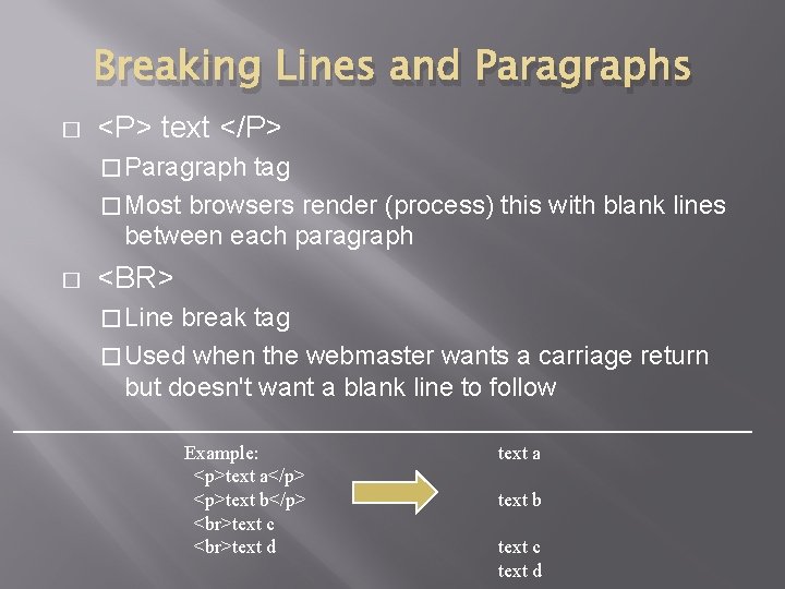 Breaking Lines and Paragraphs � <P> text </P> � Paragraph tag � Most browsers