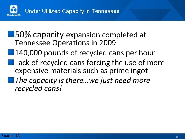 Under Utilized Capacity in Tennessee 50% capacity expansion completed at Tennessee Operations in 2009