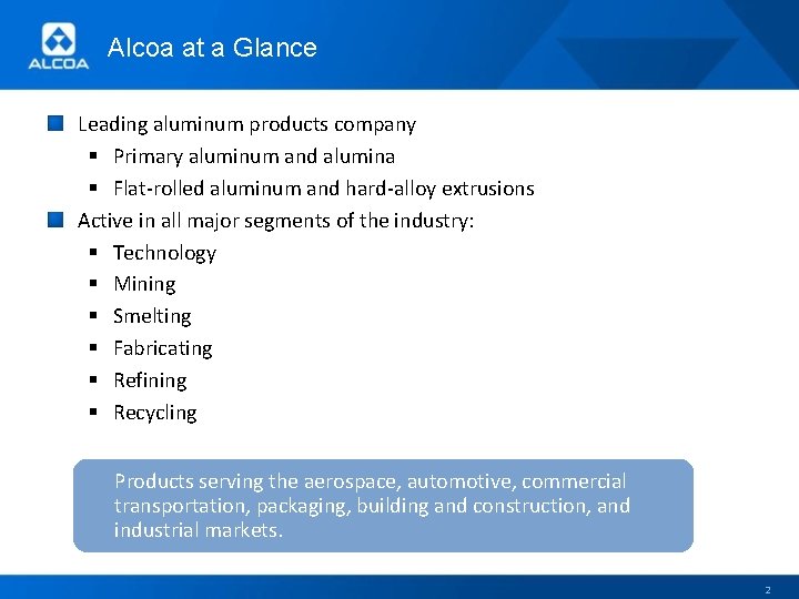 Alcoa at a Glance Leading aluminum products company § Primary aluminum and alumina §