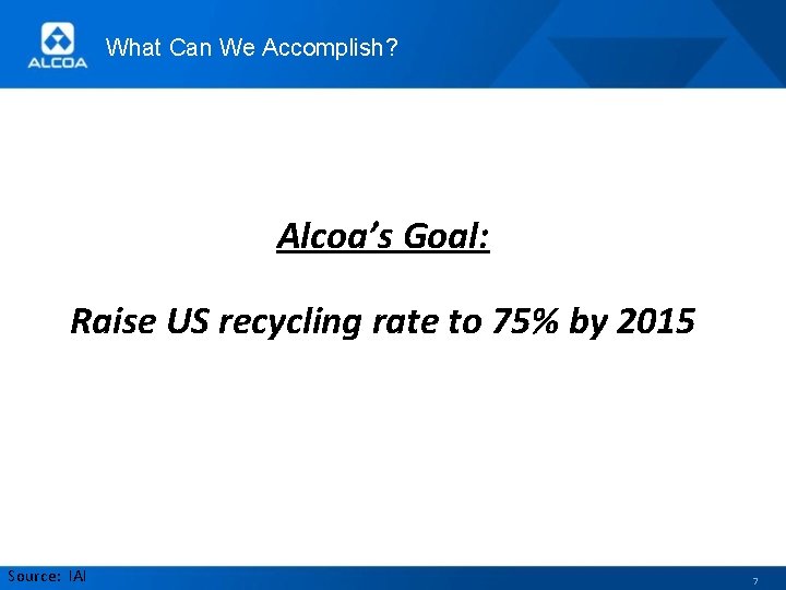 What Can We Accomplish? Alcoa’s Goal: Raise US recycling rate to 75% by 2015