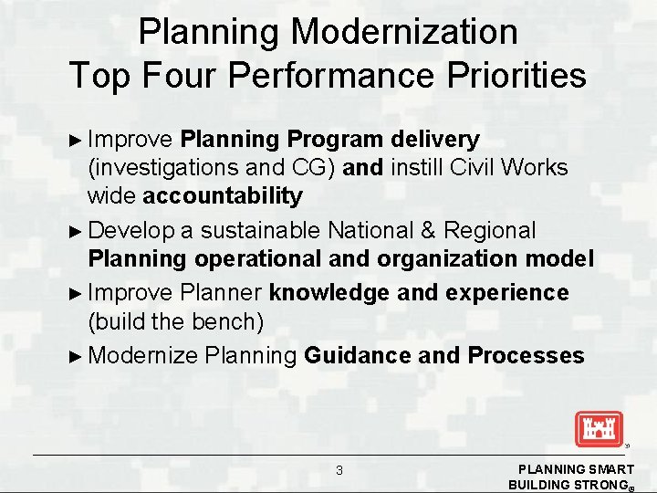 Planning Modernization Top Four Performance Priorities ► Improve Planning Program delivery (investigations and CG)