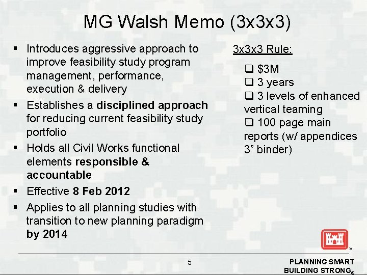 MG Walsh Memo (3 x 3 x 3) § Introduces aggressive approach to improve